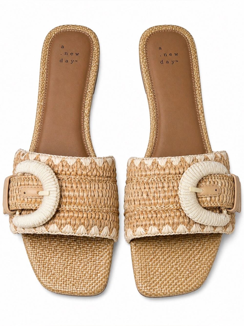 A New Day Raffia Buckle Slide Sandals Natural Woven Neutral Size 10 NWT